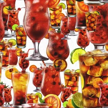 A seamless pattern of various vibrant tropical fruit cocktails in artistic .. Stock Photos