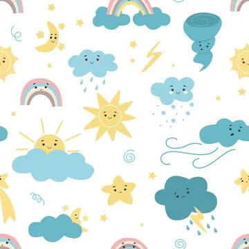 Seamless pattern with various weather conditions and phenomena Illustrazione stock