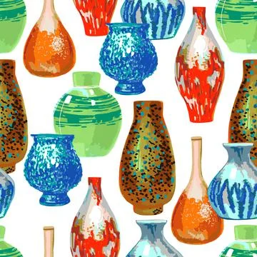 Seamless Pattern Vases multicolored Different shapes Stock Illustration