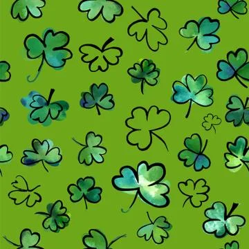 Seamless pattern with vector and watercolour shamrocks Illustrazione stock