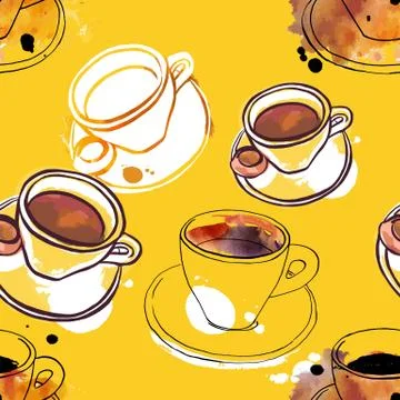 Seamless pattern of vector and watercolour coffee drawings Stock Illustration