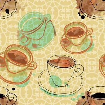 Seamless pattern with vector and watercolour coffee drawings Stock Illustration