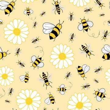 Seamless pattern vector bees with flowers on yellow background Stock Illustration