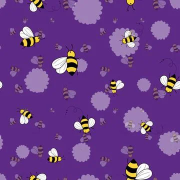 Seamless pattern vector bees illustration on purple background Stock Illustration