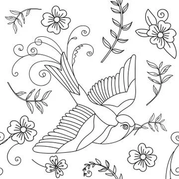 Seamless pattern vector bird and flower illustration Stock Illustration