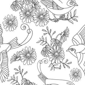 Seamless pattern vector bird and flowers illustration Stock Illustration