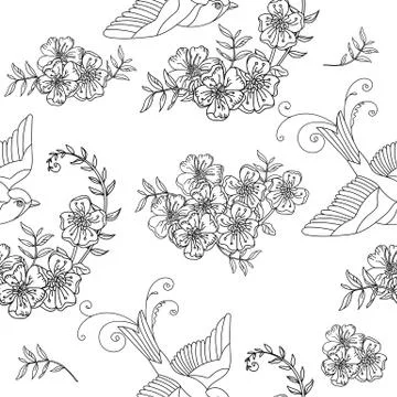 Seamless pattern vector birds and flowers illustration Stock Illustration