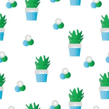 Seamless pattern vector - blue flower pots with cactus flowers Stock Illustration