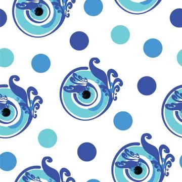 Seamless pattern vector with blue greek evil eye and polka dots 스톡 일러스트