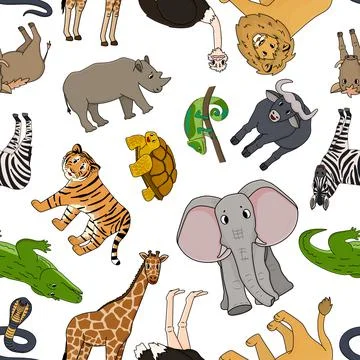 Seamless pattern of vector cartoon outline Savannah animals. Tiger lion rhino Stock Illustration