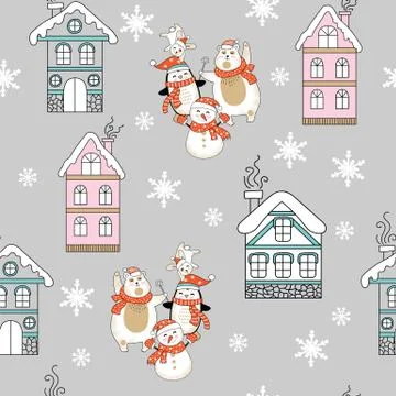 Seamless pattern vector Christmas characters and houses Stock Illustration