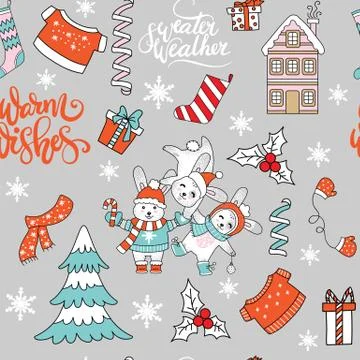 Seamless pattern vector Christmas cute rabbits and elements イラスト素材