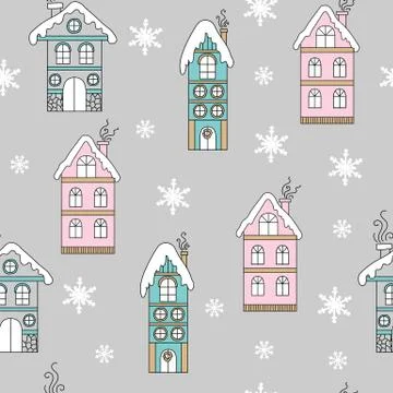 Seamless pattern vector Christmas houses and snowflakes 스톡 일러스트