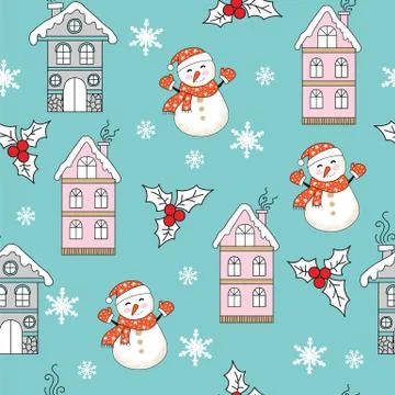 Seamless pattern vector Christmas houses and snowman Stock Illustration