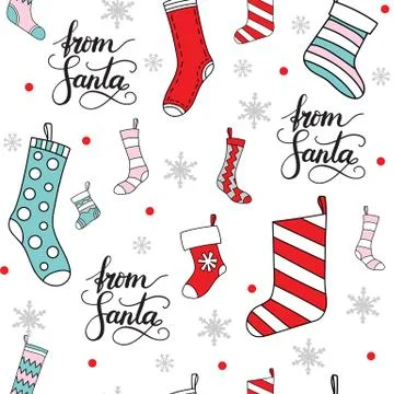 Seamless pattern vector Christmas socks for presents and snowflakes 库存插图