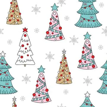 Seamless pattern vector Christmas trees and snowflakes Stockillustratie