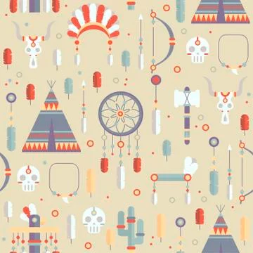 Seamless pattern of vector colorful ethnic set with dream catcher, feathers, Illustrazione stock