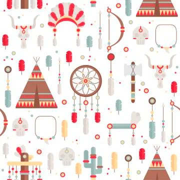 Seamless pattern of vector colorful ethnic set with dream catcher, feathers, Stock Illustration