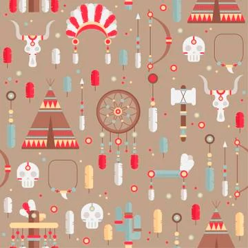 Seamless pattern of vector colorful ethnic set with dream catcher, feathers, Stock Illustration