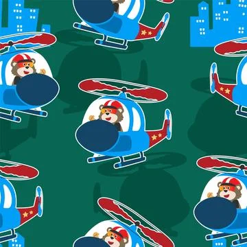 Seamless pattern vector of a cute bear on a helicopter. Stock Illustration