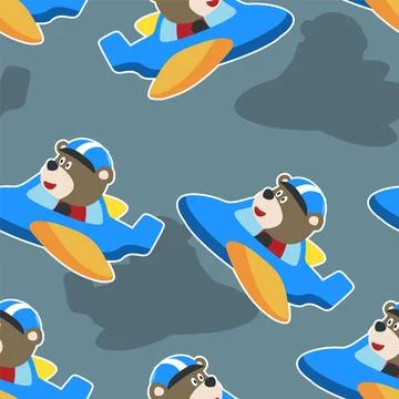 Seamless pattern vector of cute bear flying in airplane cartoon hand drawn Illustrazione stock