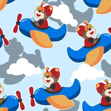 Seamless pattern vector of cute bear flying in airplane cartoon hand drawn Stock Illustration