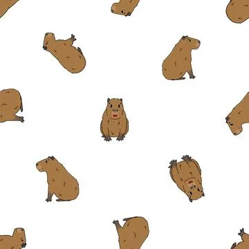 Seamless pattern of Vector cute cartoon outline Capybara smiles, sits, lying  Stock Illustration
