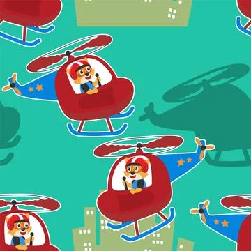 Seamless pattern vector of a cute cat on a helicopter. Stock Illustration