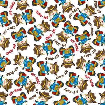 Seamless pattern vector of Cute fox cartoon having fun driving off road car Illustrazione stock