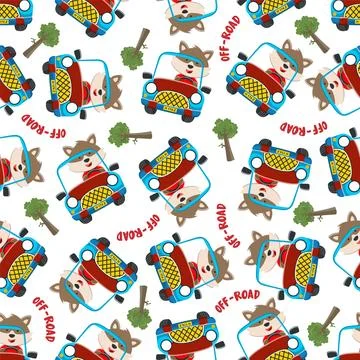 Seamless pattern vector of Cute fox cartoon having fun driving off road car Illustrazione stock