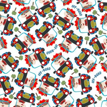 Seamless pattern vector of Cute fox cartoon having fun driving off road car Stock Illustration