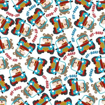 Seamless pattern vector of Cute fox cartoon having fun driving off road car Stock Illustration
