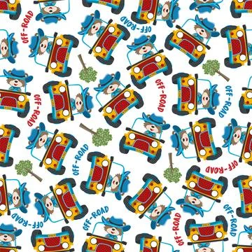 Seamless pattern vector of Cute fox cartoon having fun driving off road car Stock Illustration