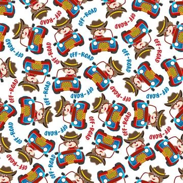 Seamless pattern vector of Cute fox cartoon having fun driving off road car Stock Illustration