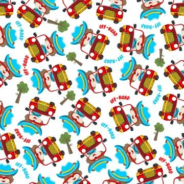Seamless pattern vector of Cute fox cartoon having fun driving off road car Stock Illustration