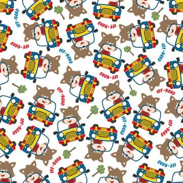 Seamless pattern vector of Cute fox cartoon having fun driving off road car Illustrazione stock
