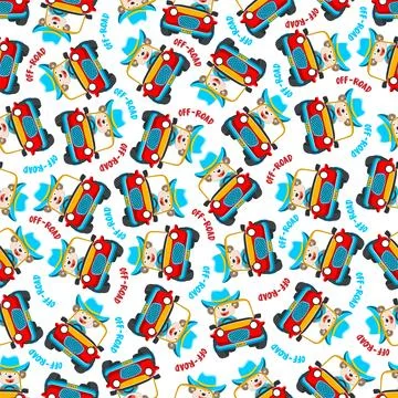 Seamless pattern vector of Cute fox cartoon having fun driving off road car Stock Illustration