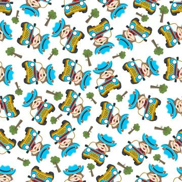 Seamless pattern vector of Cute fox cartoon having fun driving off road car Stock Illustration