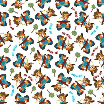 Seamless pattern vector of Cute fox cartoon having fun driving off road car Stock Illustration