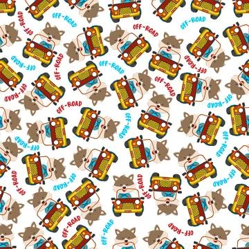 Seamless pattern vector of Cute fox cartoon having fun driving off road car Illustrazione stock