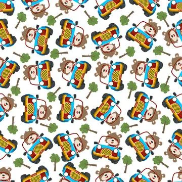 Seamless pattern vector of Cute fox cartoon having fun driving off road car Stock Illustration