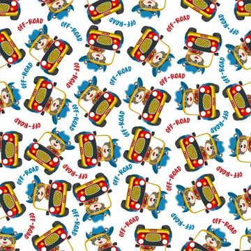 Seamless pattern vector of Cute fox cartoon having fun driving off road car Illustrazione stock