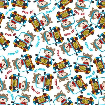 Seamless pattern vector of Cute fox cartoon having fun driving off road car Stock Illustration