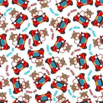 Seamless pattern vector of Cute fox cartoon having fun driving off road car Illustrazione stock