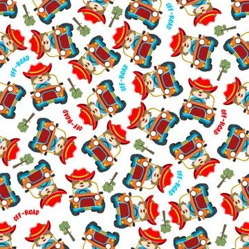 Seamless pattern vector of Cute fox cartoon having fun driving off road car Stock Illustration