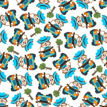 Seamless pattern vector of Cute fox cartoon having fun driving off road car.. Stock Illustration