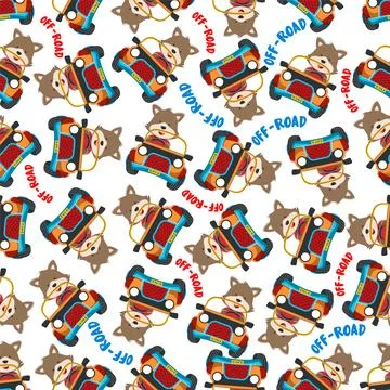 Seamless pattern vector of Cute fox cartoon having fun driving off road car Stock Illustration