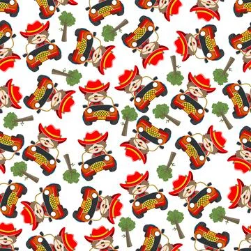 Seamless pattern vector of Cute fox cartoon having fun driving off road car. Stock Illustration