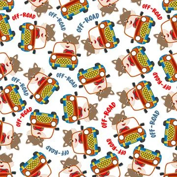 Seamless pattern vector of Cute fox cartoon having fun driving off road car. Stock Illustration