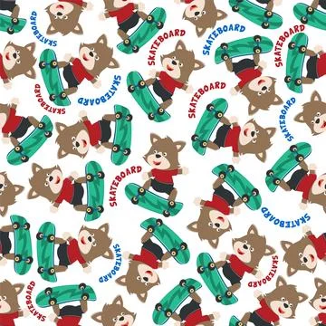 Seamless pattern vector of cute little fox on skate board, For fabric textile Stock Illustration